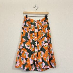 ROOLEE Midi Skirt Multicolor Floral Button Front A-Line Cottagecore
